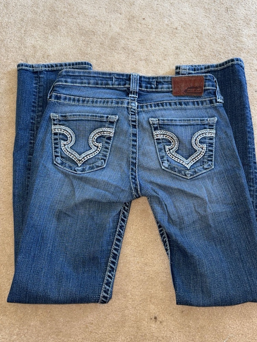Big Star Women's Blue Mid-Rise Straight Leg Jeans with Embroidered Back Pockets